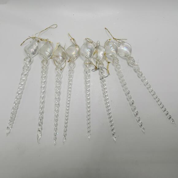 Vintage Iridescent Spun Glass Twisted Icicle Christmas Ornament Set of 8 - Picture 1 of 5